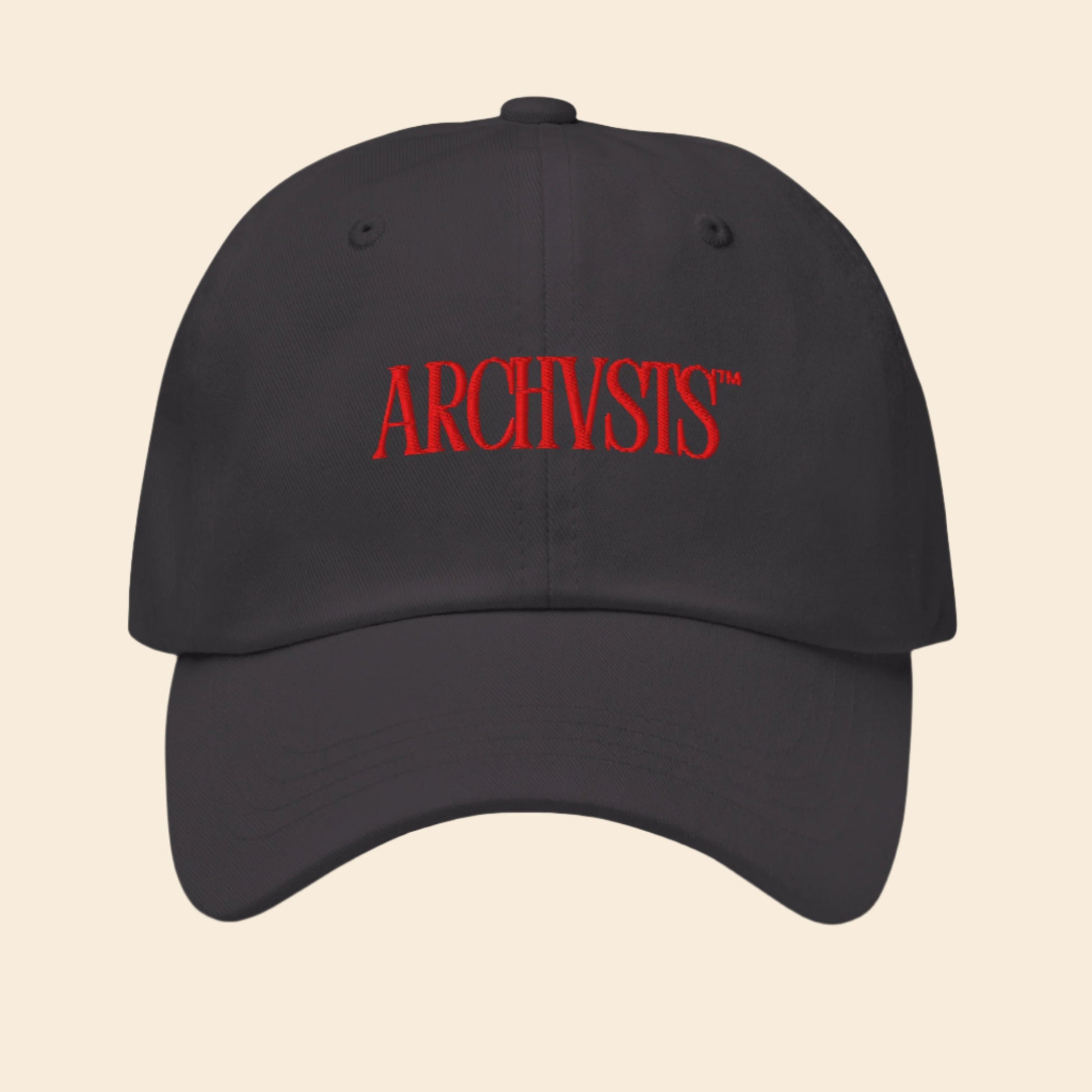 dark grey cap with red 'ARCHVSTS' logo on a white background