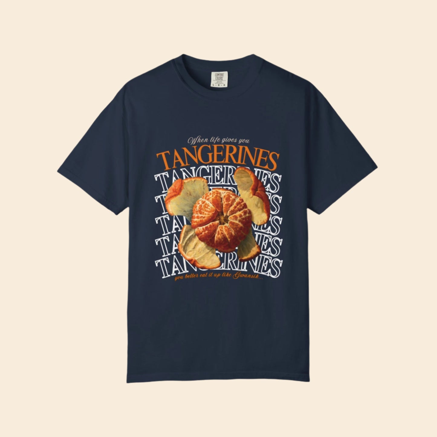 Navy blue t-shirt with tangerine graphic and text on a white background