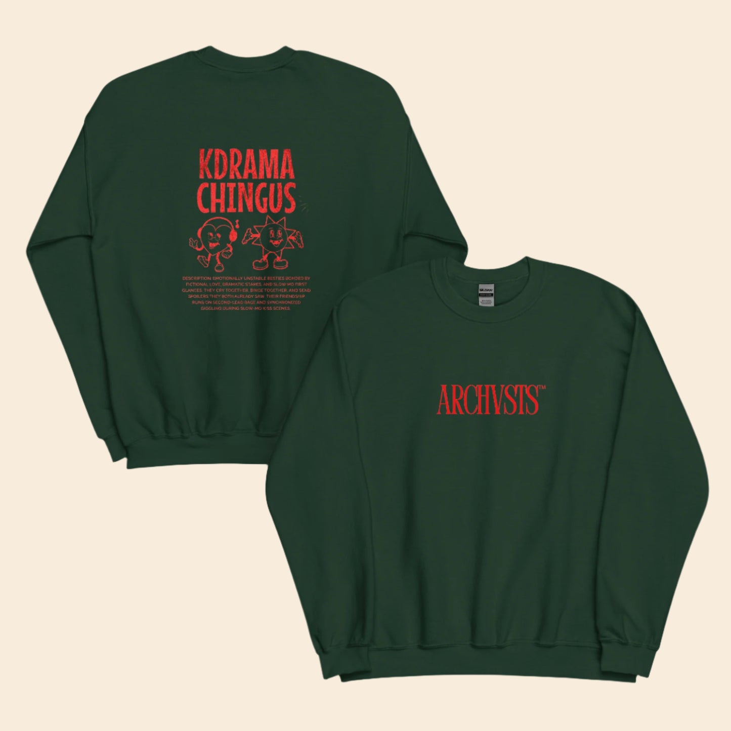 Green sweatshirt with red text 'KDRAMA CHINGUS' and 'ARCHIVISTS' on a white background
