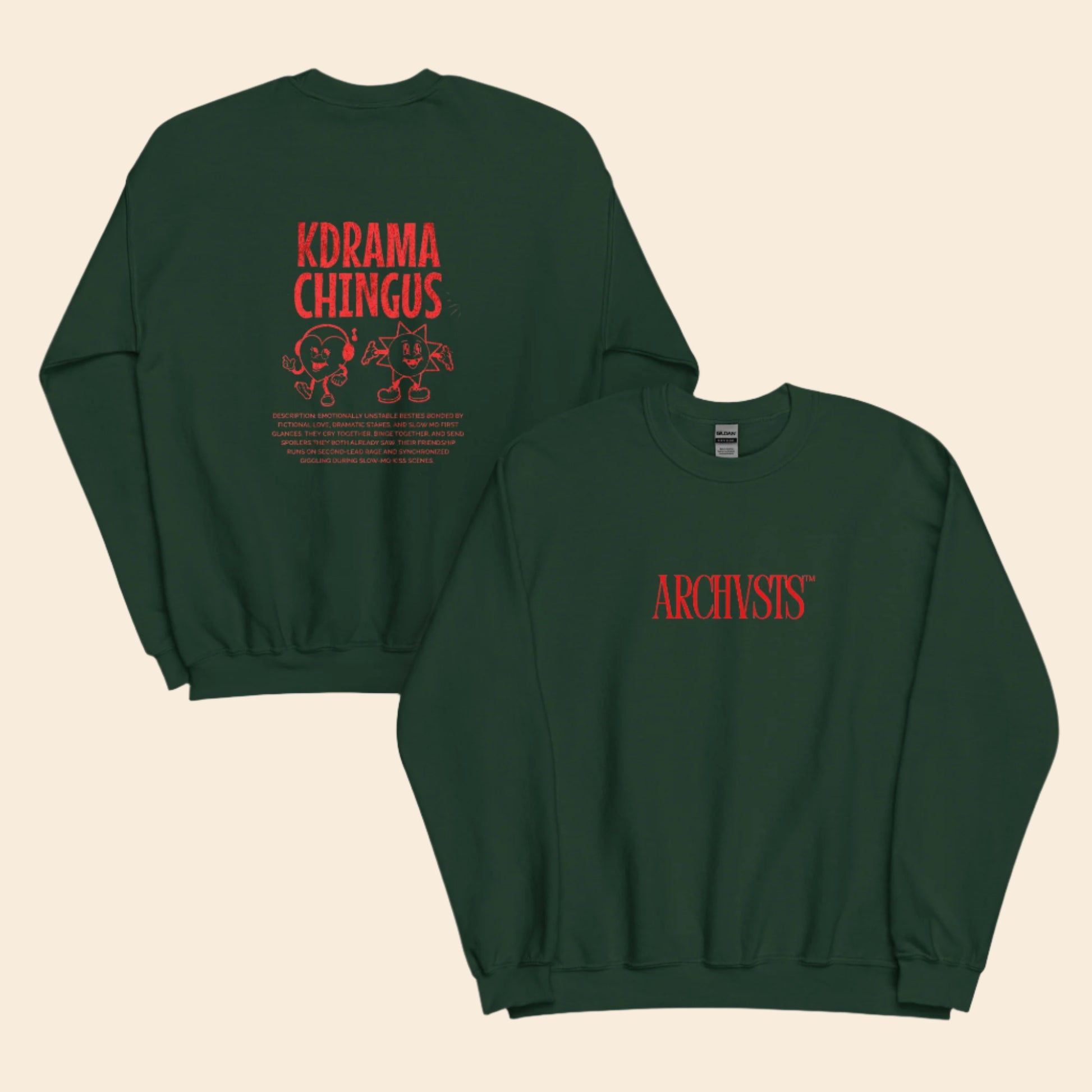 Green sweatshirt with red text 'KDRAMA CHINGUS' and 'ARCHIVISTS' on a white background