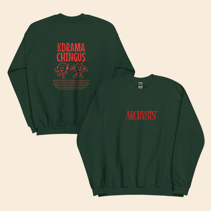 Green sweatshirt with red text 'KDRAMA CHINGUS' and 'ARCHIVISTS' on a white background