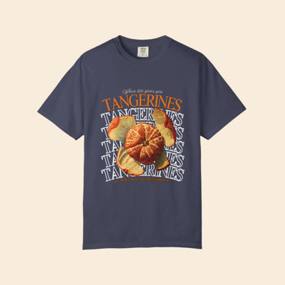very pale Navy blue t-shirt with tangerine graphic and text on a white background