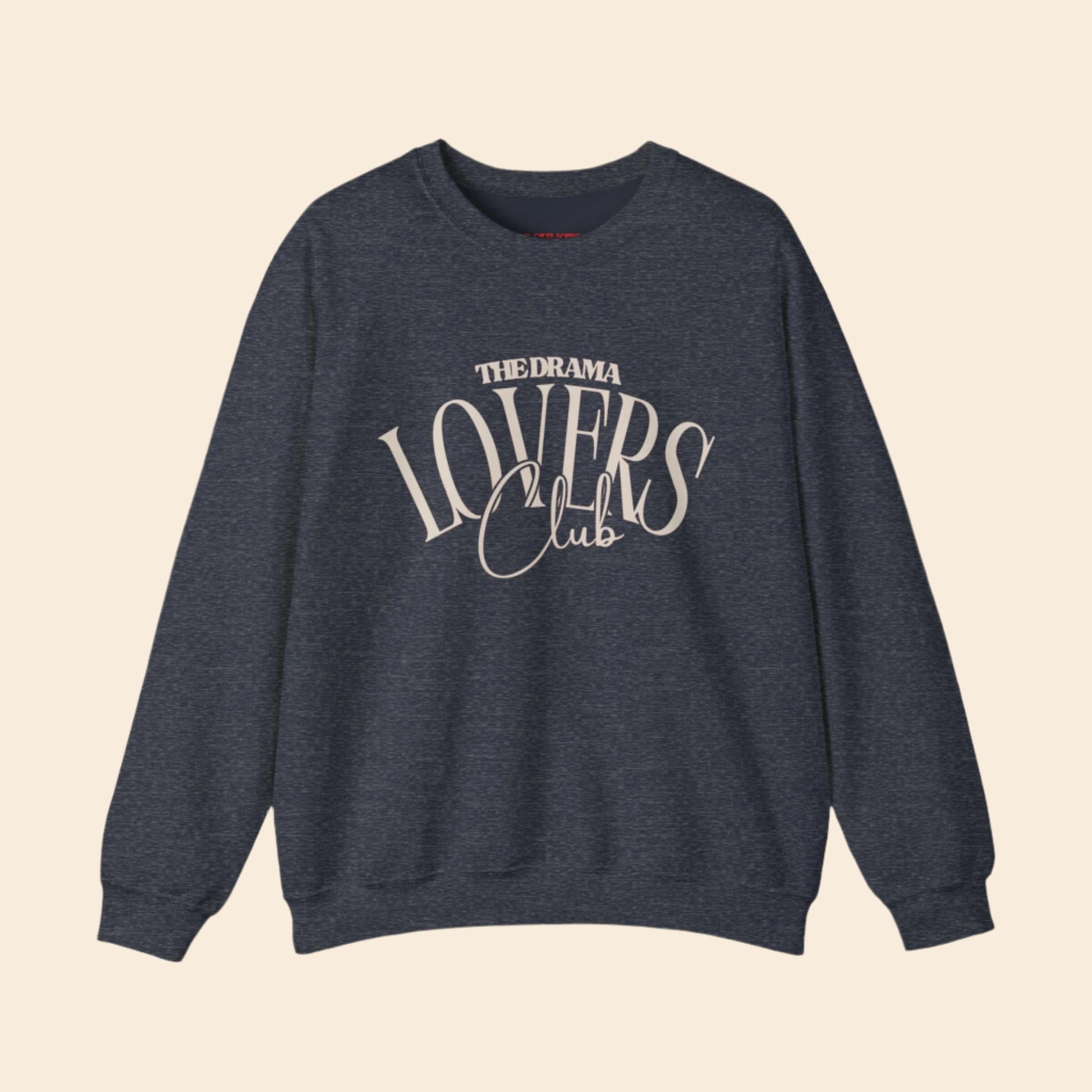 Gray sweatshirt with 'The Drama Lovers Club' text on a white background