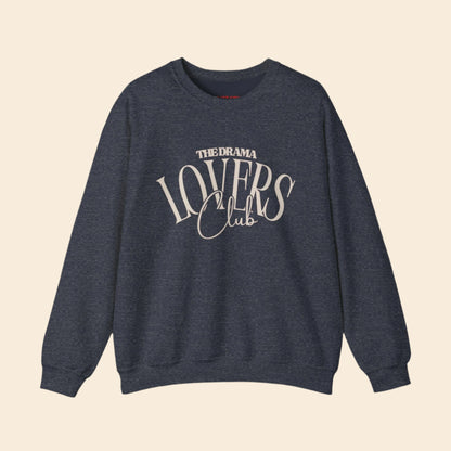 Gray sweatshirt with 'The Drama Lovers Club' text on a white background
