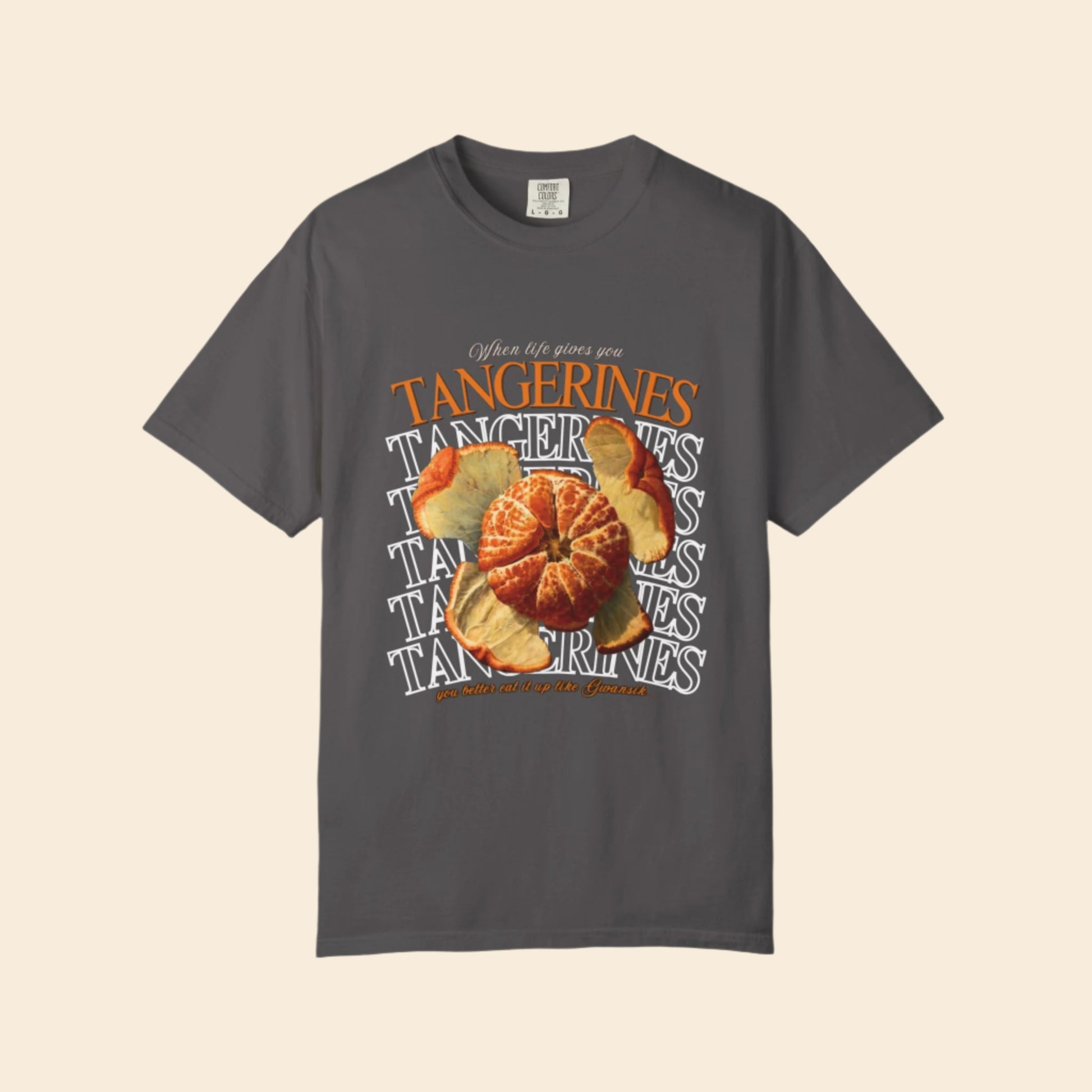 Gray t-shirt with tangerine graphic and text on a white background