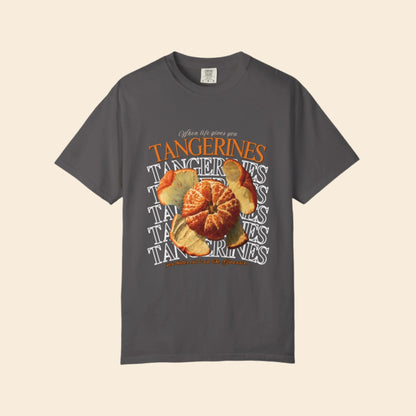 Gray t-shirt with tangerine graphic and text on a white background