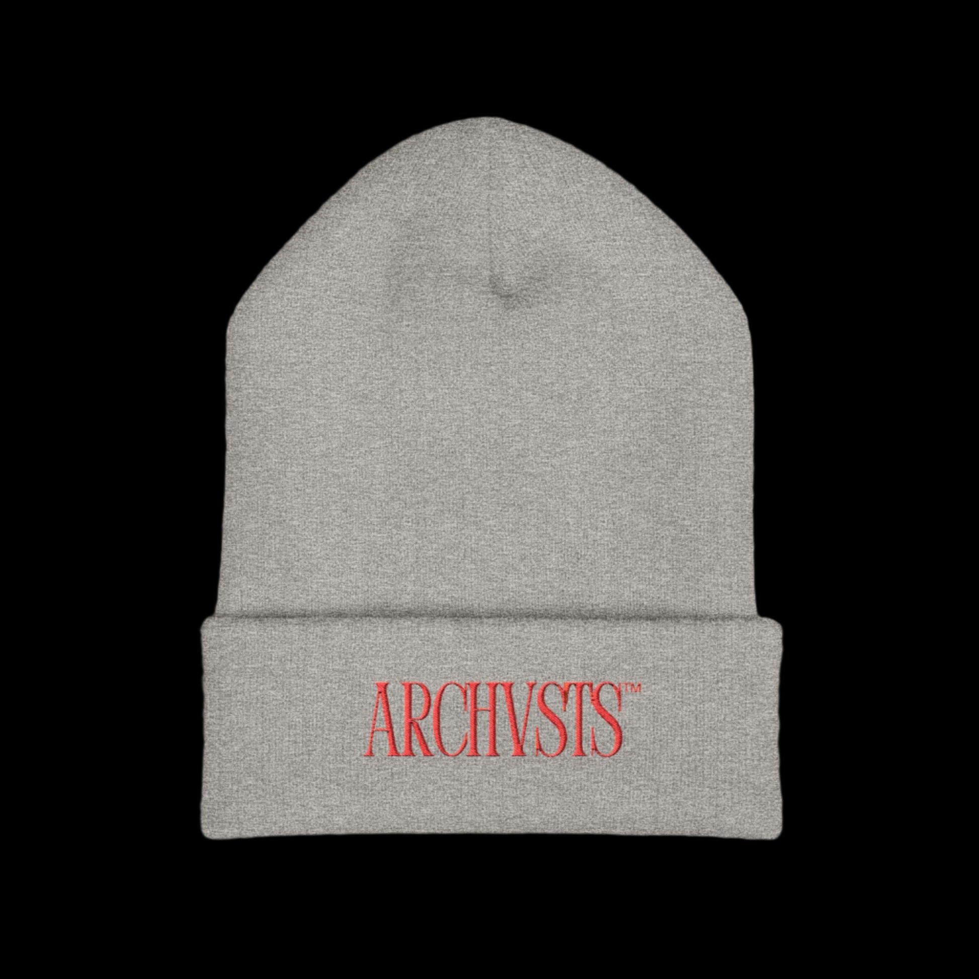 Gray beanie with red 'ARCHIVISTS' logo on a white background