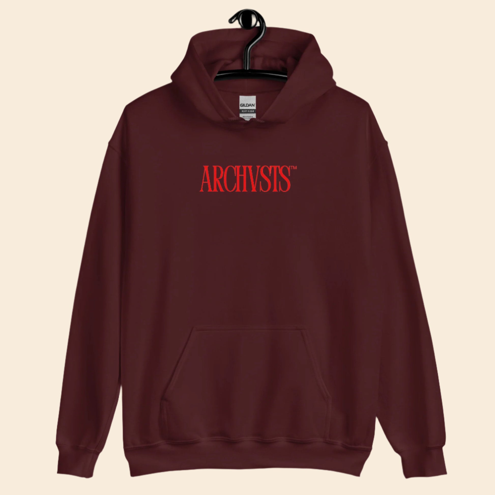 Maroon hoodie with 'ARCHIVSTS' logo on a white background