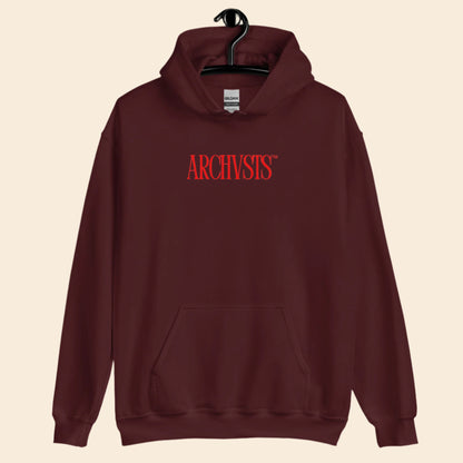 Maroon hoodie with 'ARCHIVSTS' logo on a white background