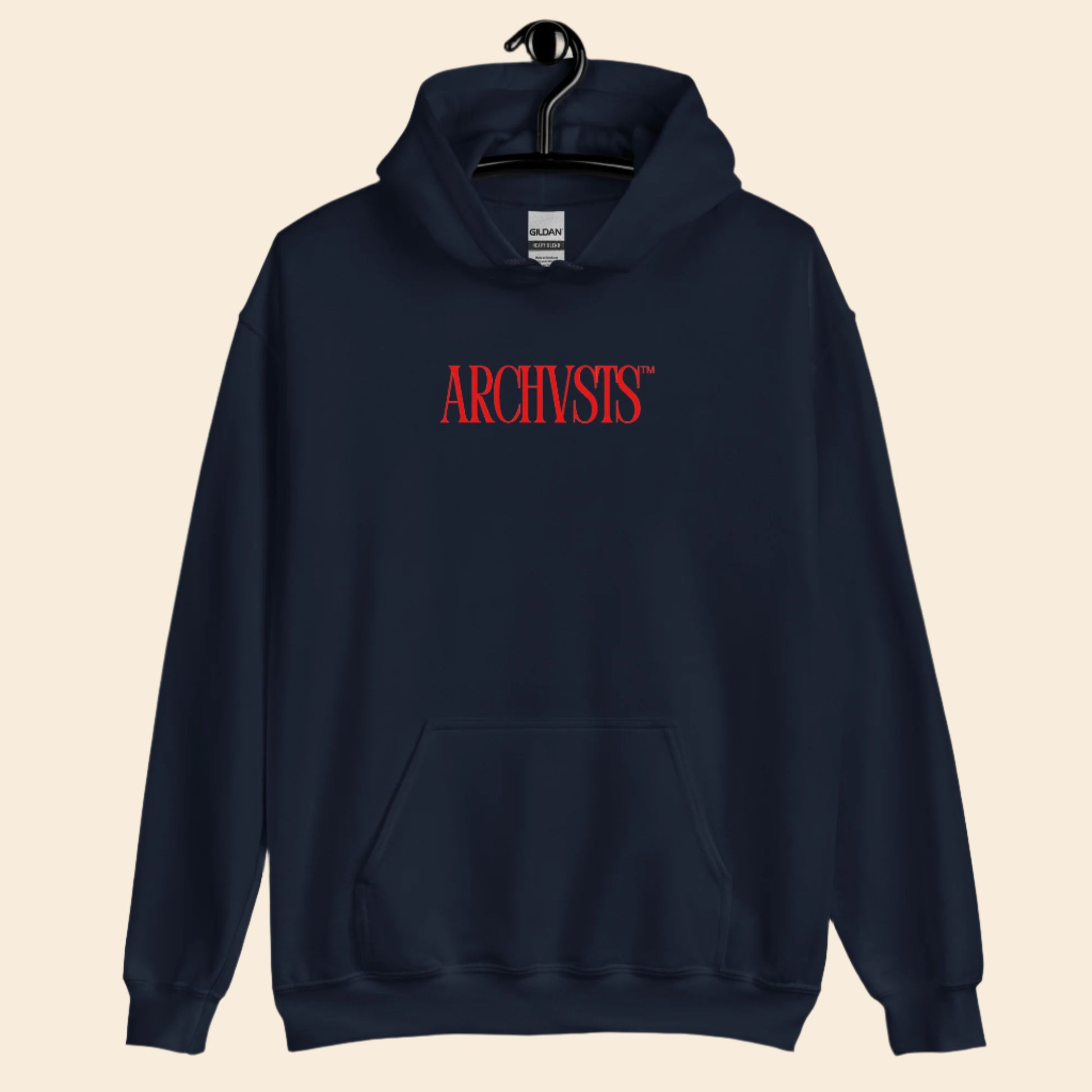 Navy hoodie with red 'ARCHIVISTS' text on a white background