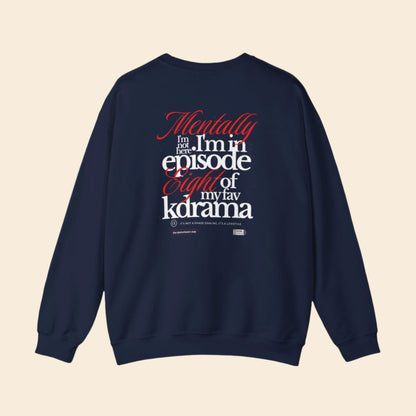 Navy blue sweatshirt with text ARCHVSTS X MENTALLY SWEATSHIRT on the back on a white background