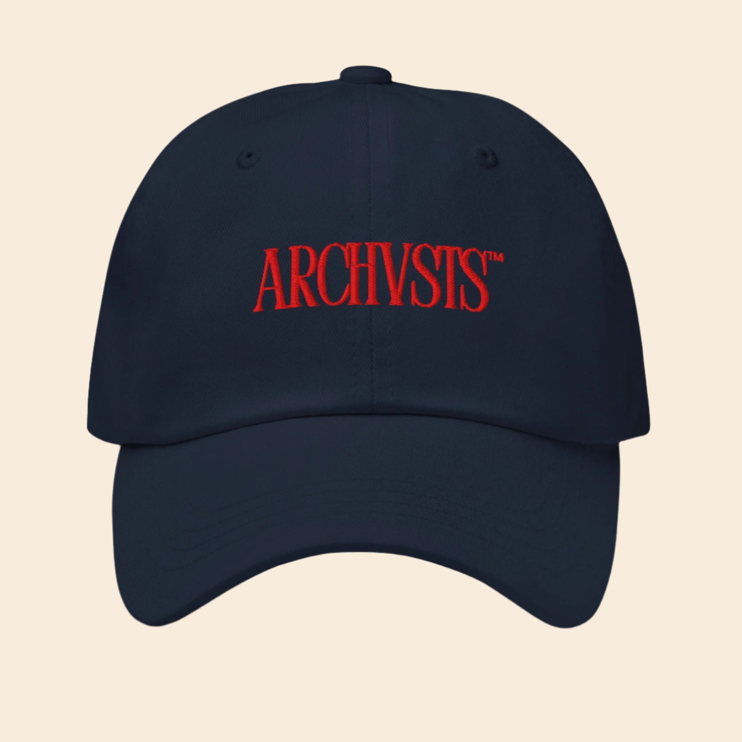 Navy blue cap with red 'ARCHVSTS' logo on a white background