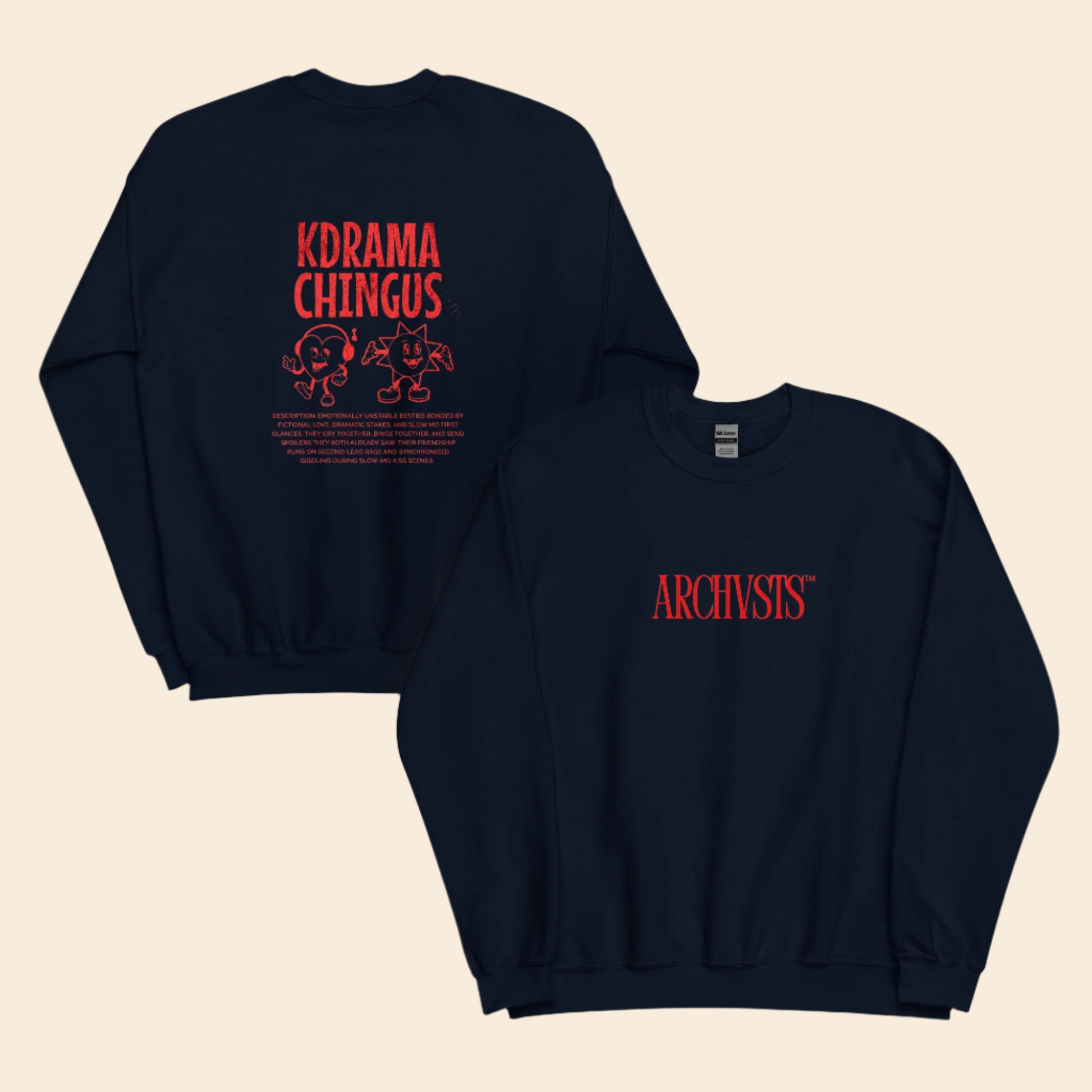 Two navy blue sweatshirts with red text on a white background