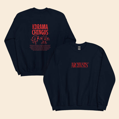 Two navy blue sweatshirts with red text on a white background