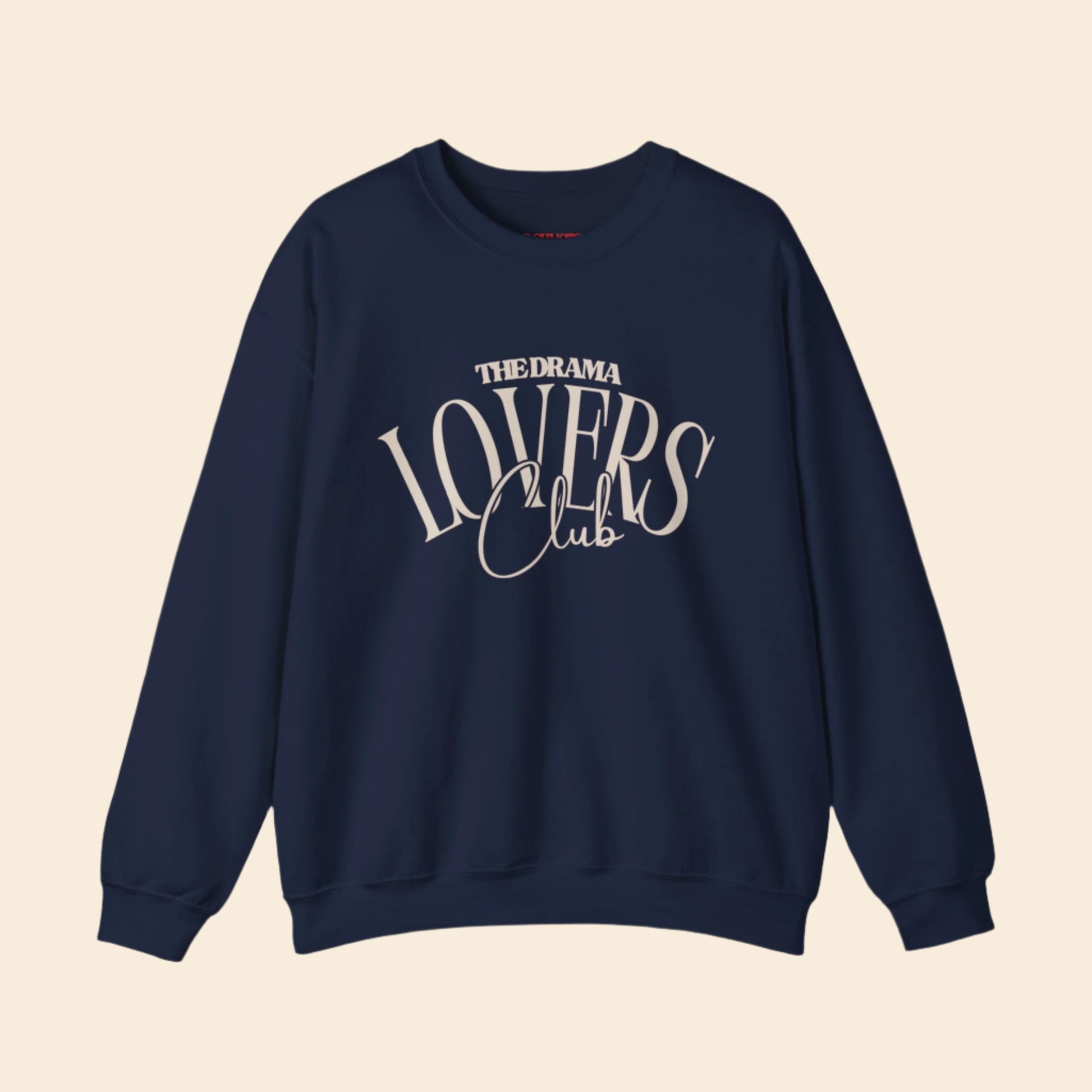 Navy blue sweatshirt with 'The Drama Lovers Club' text on a white background