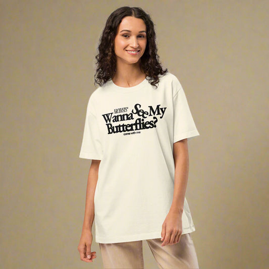 Woman wearing a off white ARCHVSTS™ "Wanna See My Butterflies?" Vintage Oversized Tee