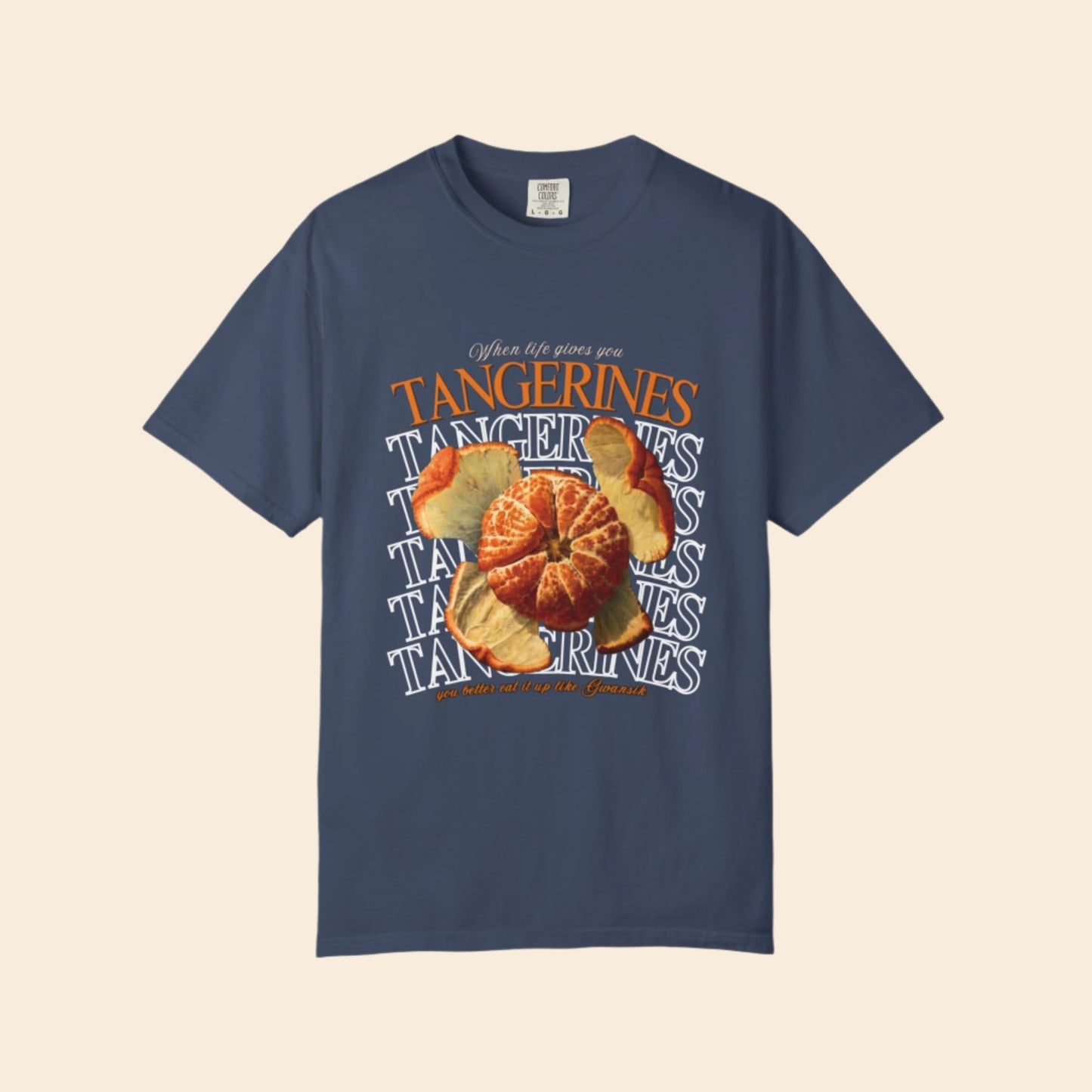 pale navy blue t-shirt with tangerine design and text on a white background