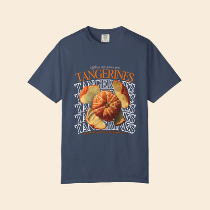 pale navy blue t-shirt with tangerine design and text on a white background