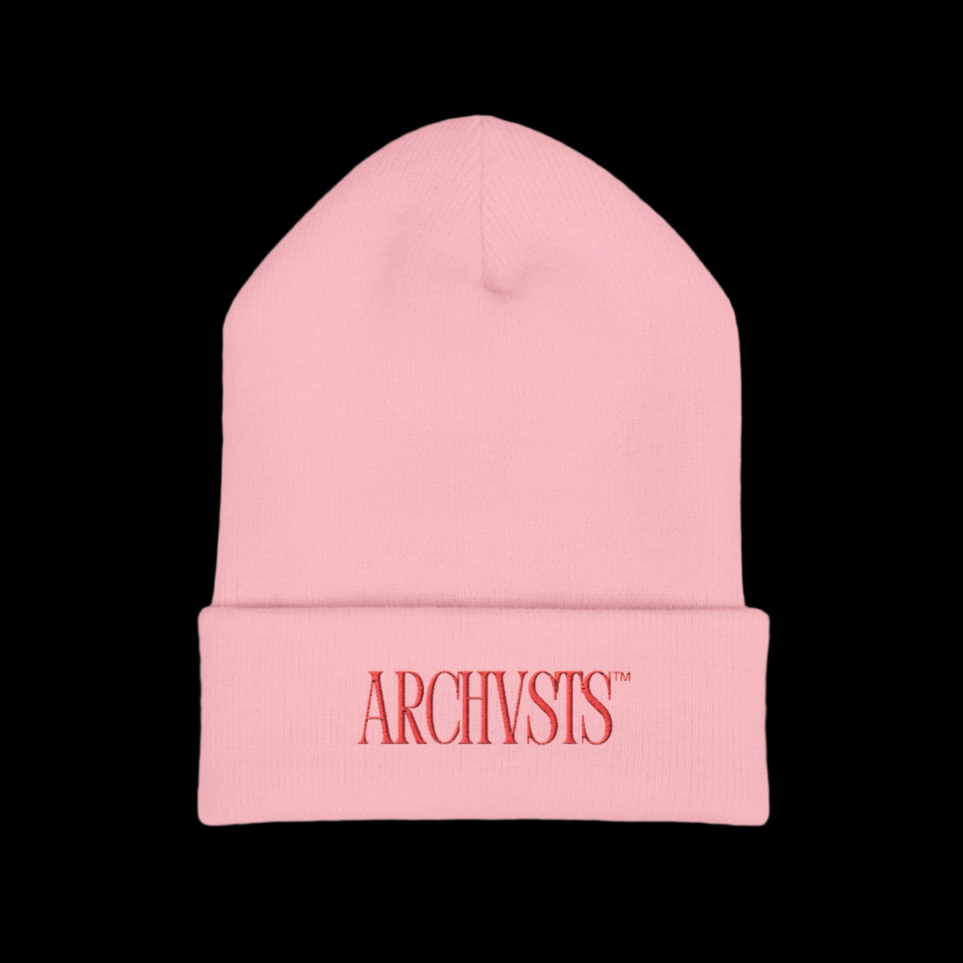 Pink beanie with 'ARCHIVSTS' logo on a white background