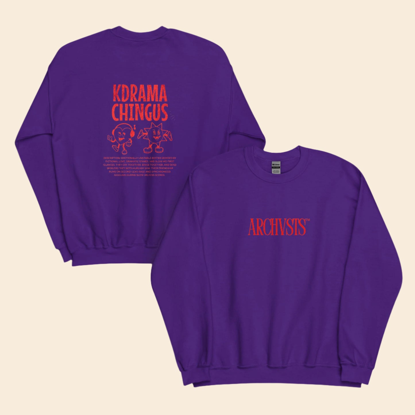 Purple sweatshirt with red text kdrama chingus and graphics on a white background
