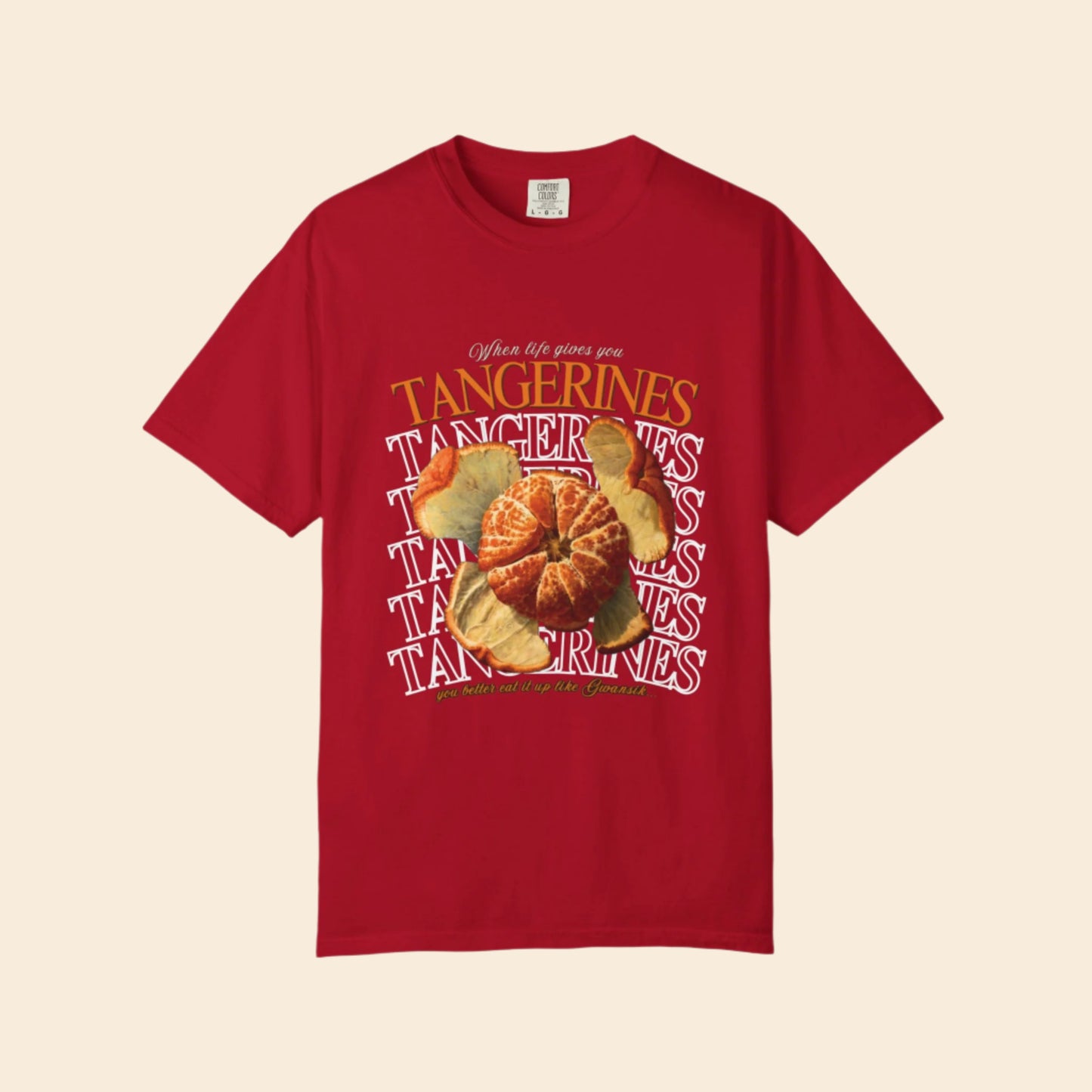 Red t-shirt with tangerine graphic and text on a white background