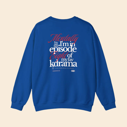 Blue sweatshirt with text ARCHVSTS X MENTALLY SWEATSHIRT on the back on a white background
