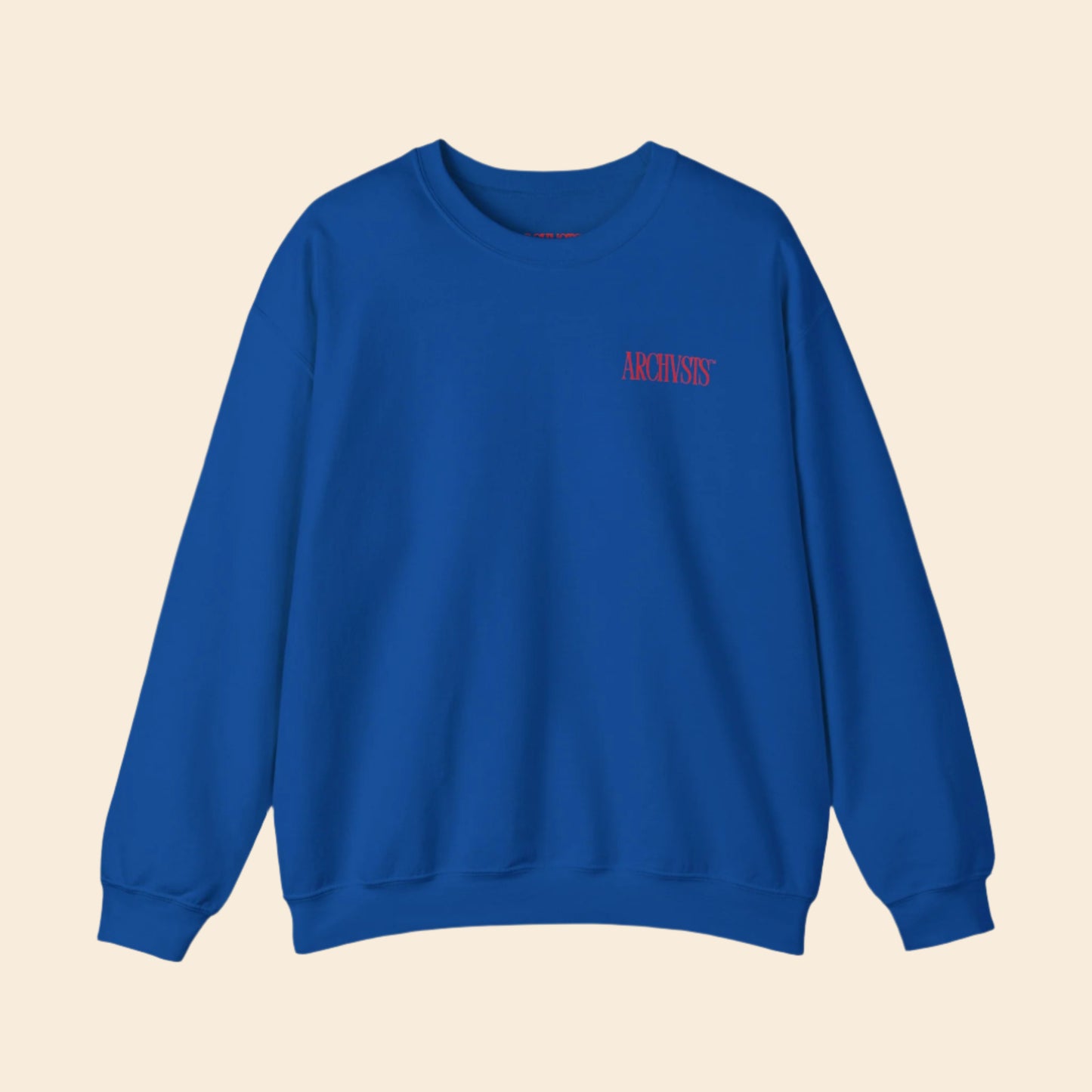 Blue sweatshirt with red text ARCHVSTS X MENTALLY SWEATSHIRT on a white background
