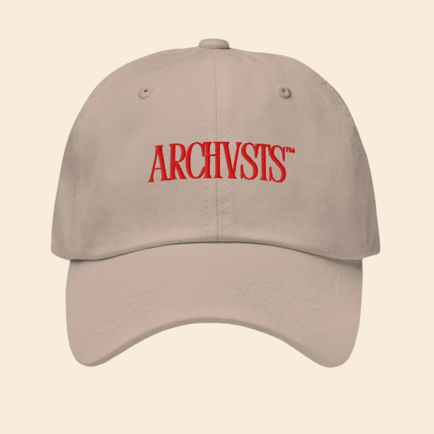 light Beige cap with red 'ARCHVSTS' logo on a white background