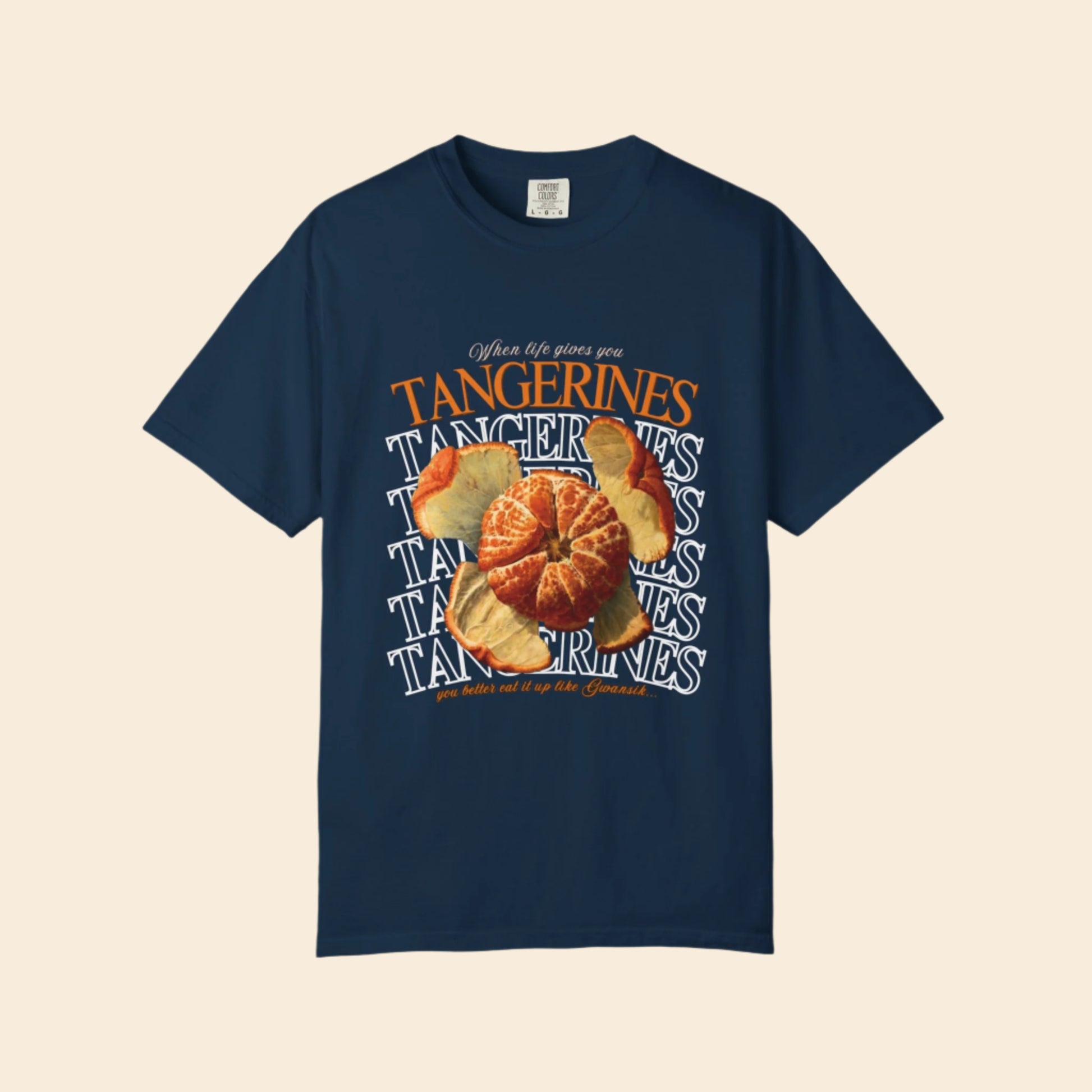 Navy blue t-shirt with tangerine graphic and text on a white background