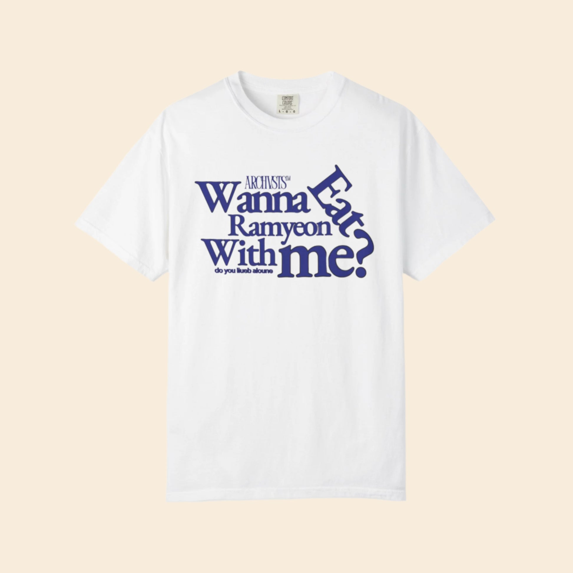 White t-shirt with blue text wanna eat ramenyon with me tshirt on a white background