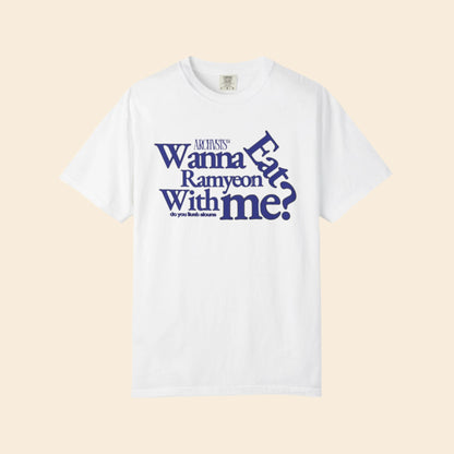 White t-shirt with blue text wanna eat ramenyon with me tshirt on a white background