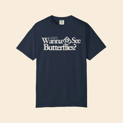 Navy blue t-shirt with white text on a white background
