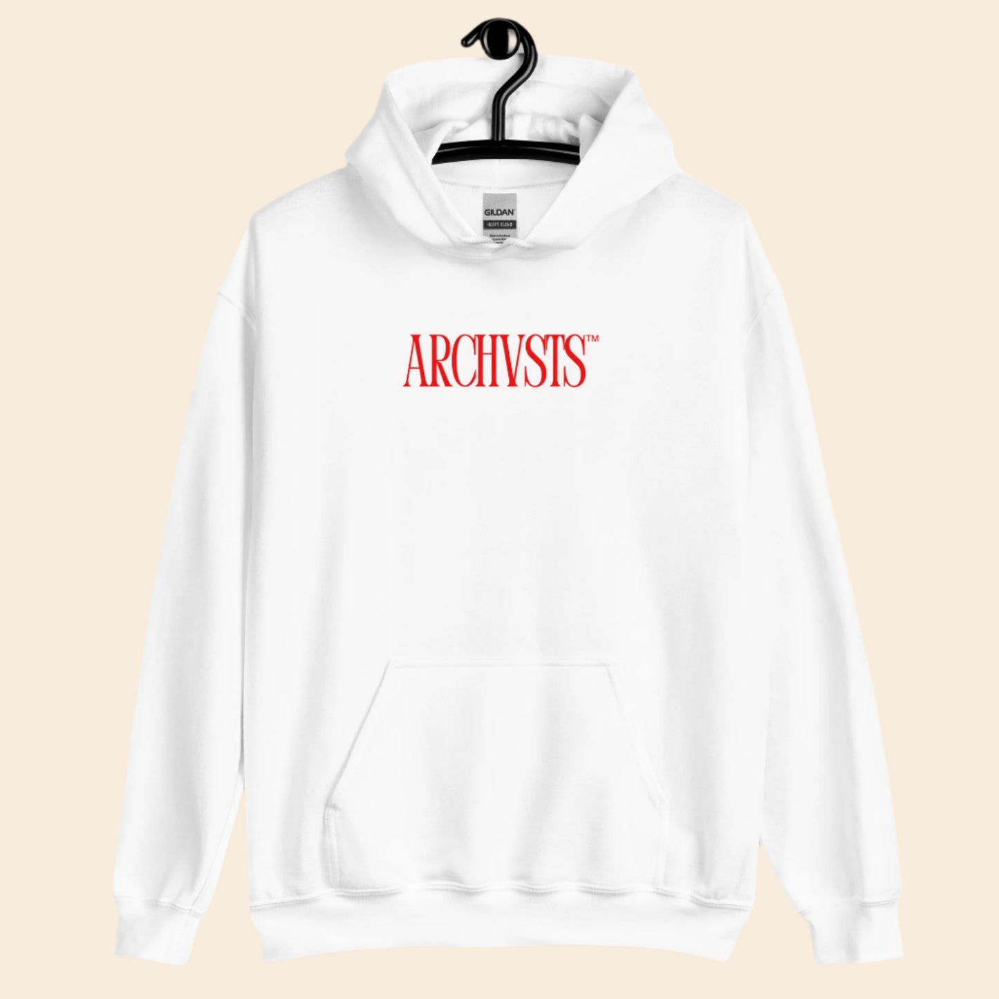 White hoodie with red text 'ARCHIVSTS' on a hanger against a white background