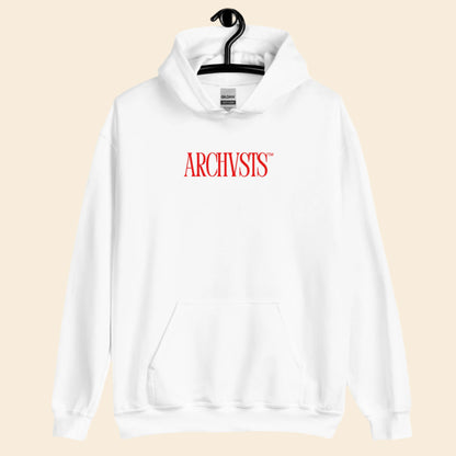 White hoodie with red text 'ARCHIVSTS' on a hanger against a white background