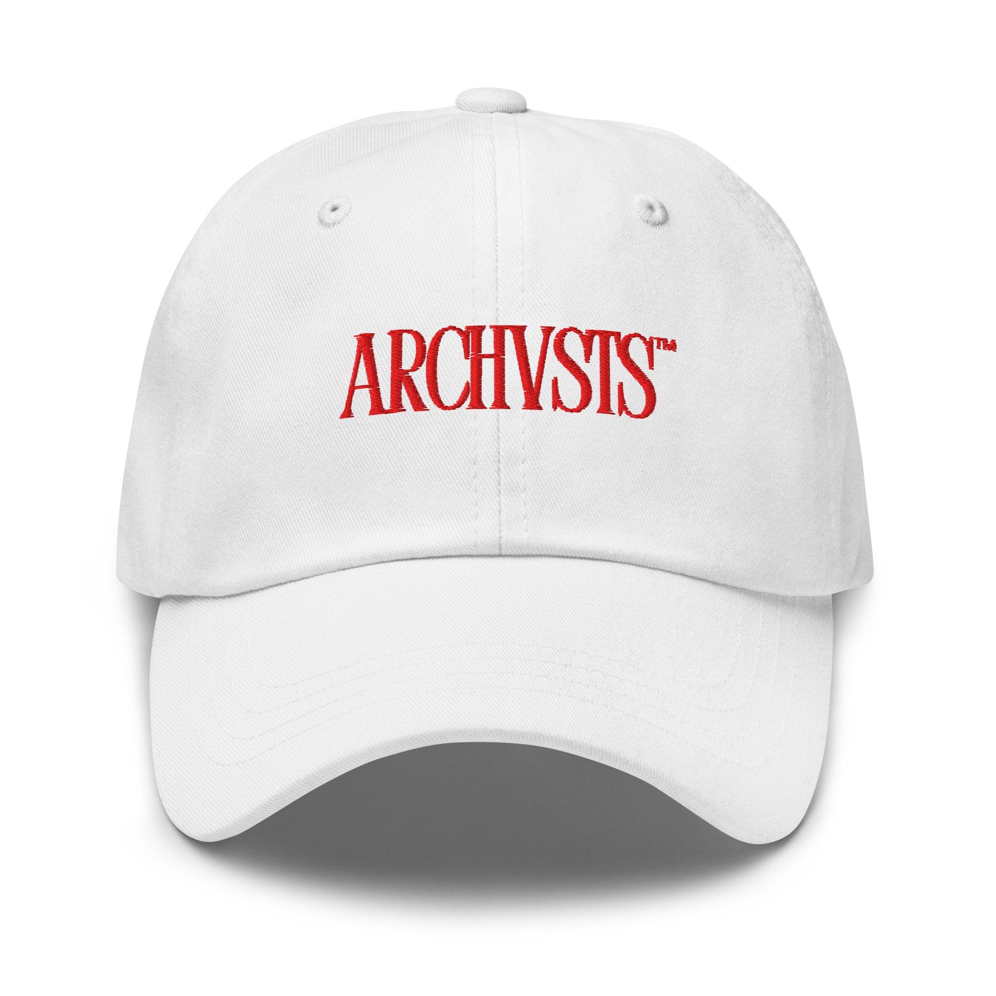White front cap with red 'ARCHVSTS' logo on a white background