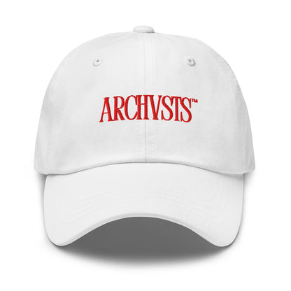White front cap with red 'ARCHVSTS' logo on a white background